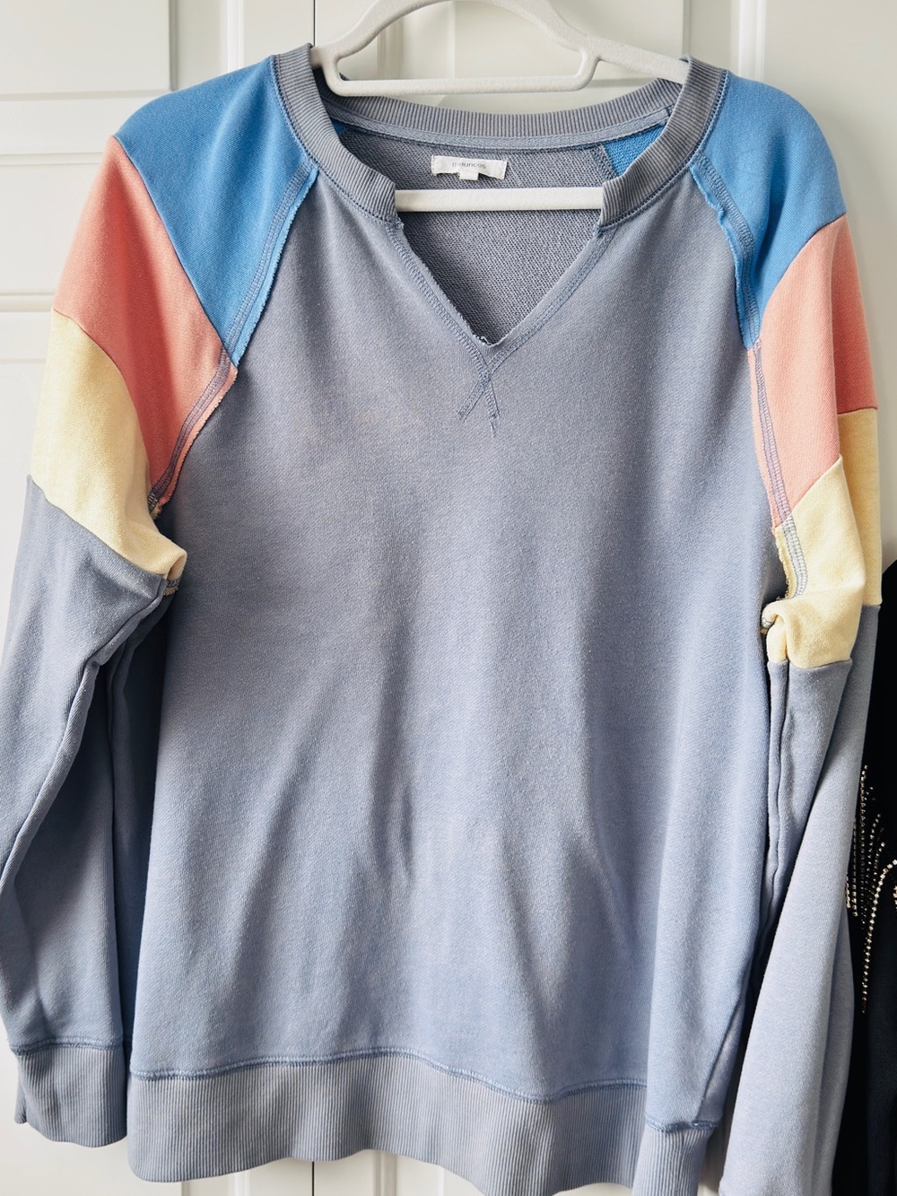 Maurices Light Blue Crewneck Sweatshirt with Pastel Colorblock Sleeves